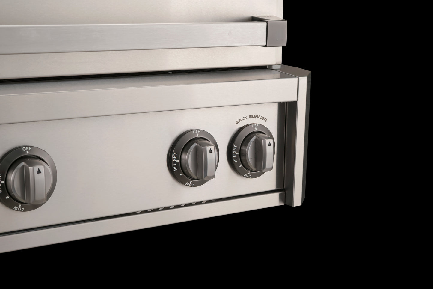 The aog L Series control knobs showing the gun metal finish with the roitsserie knob