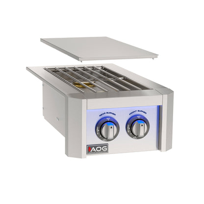The American Outdoor Grill Double Side burner with lights. Blue LED's turned on, AOG2SBL