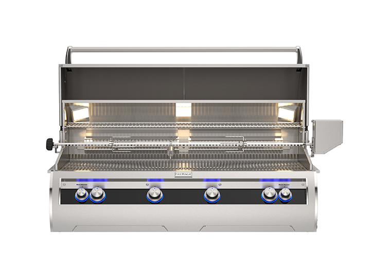 The fire magic echelon diamond grill with analog display with the hood open and the internal lights turned on