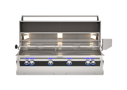 The fire magic echelon diamond grill with analog display with the hood open and the internal lights turned on