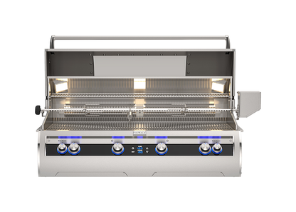 the fire magic e1060i-9e1n grill hood open with lights on