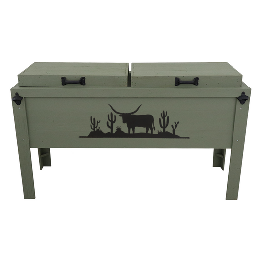 Double Rustic Cooler - Sagebrush Green - Bottle Openers - Handles - Desert Longhorn Scene