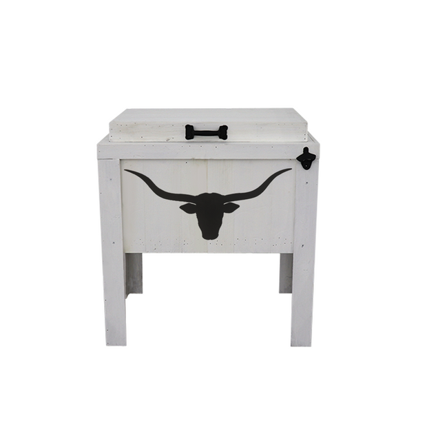 Single Rustic Cooler - White - Bottle Opener - Handle - Longhorn Head Adornment