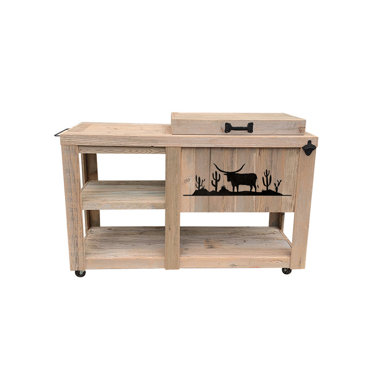 Single Cooler with Side Table - Bottle Opener - Handle - Wheels - Towel Rack - Shelf - Desert Longhorn Scene