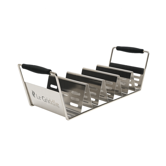 the Le Griddle taco rack that holds 5 tacos. This LGTR comes with 2 taco racks. Made of stainless steel with heat resistant rubber handles.
