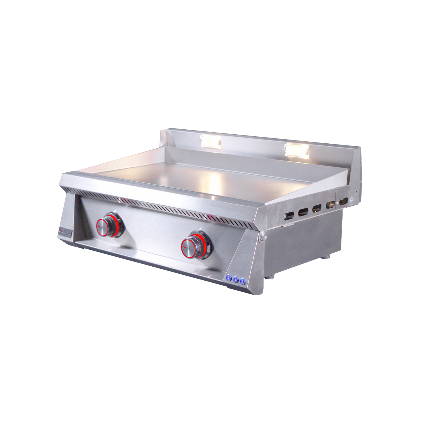 OML75P3 gas griddle from the side view with red led's