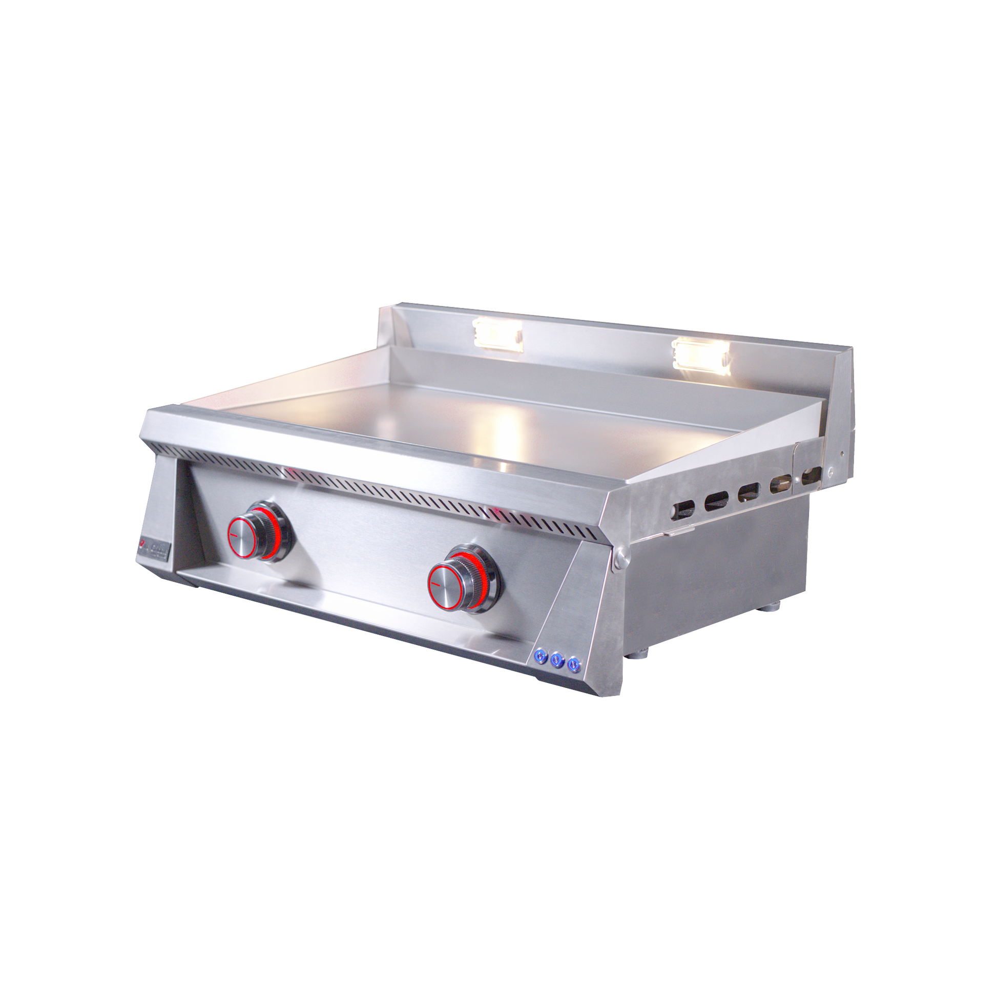 OML75P3 gas griddle from the side view with red led's